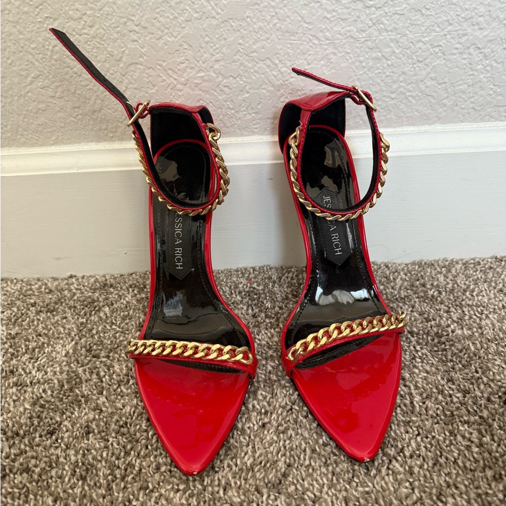 Jessica Rich Red Heels with Gold Chain Detail